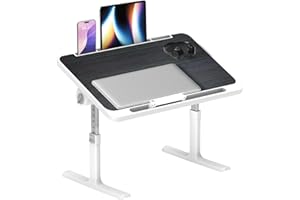 KIDSGIGGLZ Table de Lit Réglable 60 x 40 cm, Plateau Bureau Pliable pour Ordinateur Portable, Hauteur et Angle Ajustables, Lapdesk Pliable avec Support Tablette, Idéal pour Lit, Canapé, Sol - Noir