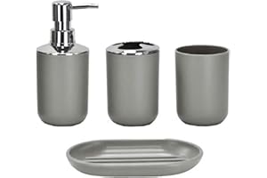 Icegrey Modern Design 4-teiliges Luxus-Badezimmerzubehör-Set Lotionflaschen, Zahnbürstenhalter, Zahnbecher, Seifenschale, Grau-Four