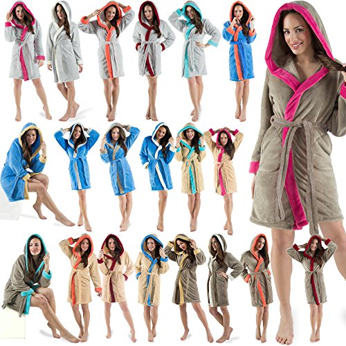 Damen Bademantel mit Kapuze, flauschiger Sherpa-Fleece, kurzer Sauna-mantel für Wellness Spa, CelinaTex, Trend Morgenmantel Serie Kos zweifarbig - 3