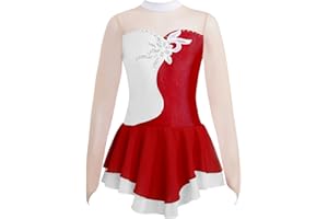 dPois Vestido Patinaje Artistico Niña Maillot Ballet Manga Larga Traje de Danza Princesa de Encaje Maillot Gimnasia Leotardo con Falda Disfraz Bailarina 5-14 Años
