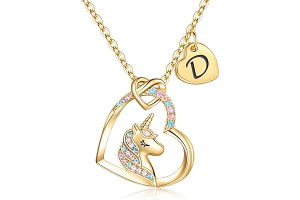 TINGN Cadeau pour les Filles Collier Licorne, Plaqué Or 14 Carats CZ Pendentif de Cœur Licorne Collier pour Fille Cadeau Licorne Or Initiale Licorne pour Femme Cadeau d'anniversaire pour Fille Bijoux