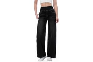Chasehot Pull on Wide Leg Jeans for Women, High Waisted Stretchy Baggy Trendy Tummy Control Straight Leg Jeans Denim Pants