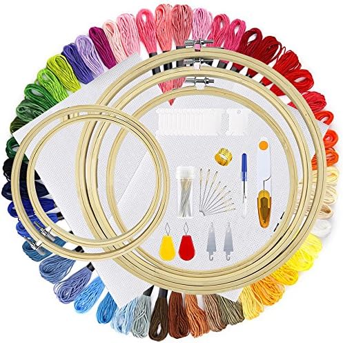 Embroidery Kit, AresKo Full Range of Embroidery Starter Kit Including 5 Pieces Embroidery Hoops, 50 Color Threads, 2 Pieces Aida 14 Count Fabric and Cross Stitch Tool