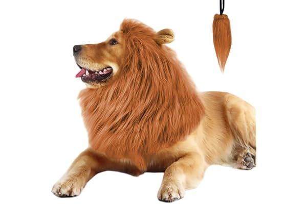 Qpets Lion Costume Set for Dogs - Adjustable Mane Headpiece & Tail with Ears Halloween Dress Up Party Accessories for Medium Large Breed Dogs Christmas Festival Photo Props Pet Costume