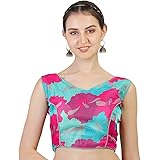 Pujia Mills Damen Saree Bluse - Phantom Silk Ärmellos - Blumen Stickerei - Rundhals