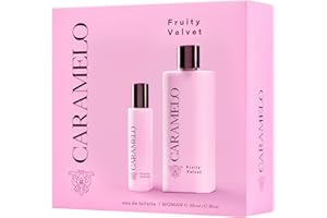 CARAMELO - Fruity Velvet Estuche Regalo 100 + 30 ml, Colonia Mujer, Pack 2, Perfume Formato Spray, Eau de Toilette Natural y Femenina, Aroma Frutal Floral Ambarado, Fragancia Fresca, Elegante