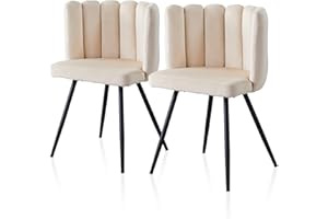 TUKAILAi Unique Velvet Dining Chairs Set of 2 Thick Padded Upholstered Seat Accent Chairs with Black Metal Legs Cream Leisure Tub Chairs Armchair for Dining Living Room Bedroom Lounge