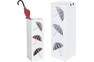 Bakaji Schirmständer Regenschirmständer Metall Weiß Mit Wasserauffangschale Haken Für Regenschirm Gehstock Geschenkpapierständer Quadratische Form Für Haus Büro Rezeptionsmöbel Salon Kochen