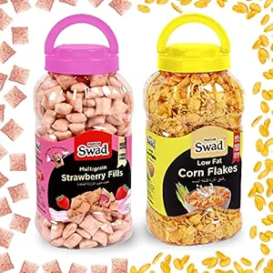 Swad Corn Flakes & Strawberry Fills (Wholegrain Chocolate Breakfast Cereal Chocos Kids) 2 Jars, 640 g