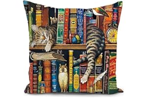 HUASHUZI Cushion Cover 40 x 40 cm Cushion with Cat Motif Cat Gift for Cat Lovers Cats Library Book Decoration Bookshelf Sofa Cushion Decorative Cushion Bedroom Living Room