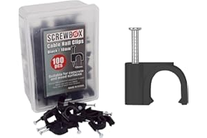SCREWBOX® Cable Nail Clips, 10 mm 100 Pcs Nail-In Clips, Strong Durable Black Round Cable Tacks, Wall Wire Tidy Holder Pins, for wood | concrete | plasterboard