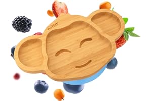 nohla ® - Milo The Monkey - Bamboo Baby Weaning Suction Plate - 16.7cm x 26cm - Spill-Proof Suction Base - Ideal from 6 Months - 100% Bamboo & FDA Silicone - Organic & BPA-Free - Blue