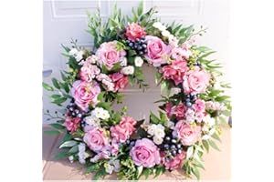 CCUUHJ 40CM Peony Spring Wreaths for Front Door Outside Artificial Pink Rose,Blue Berry,Green Leaves Summer Wreaths Full Handmade for Farmhouse Wall Window Decor (Pink)