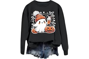 EQWIGKEIT Halloween Pullover Damen Sweatshirt Damen Ohne Kapuze Pullover Kürbisse Und Geister Drucken Langarm Rundhals Pulli Halloween Druck Festival Festlich Langarmshirt Locker Oberteil Halloween Kostüm