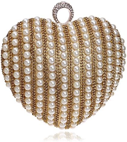 SJLN Women's Europe And America Heart-shaped Evening Bags Ladies Fashion Banquet Clutch Bride Wedding Party Shoulder Bags Dating,Gold-OneSize