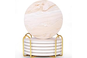 GRISHA Coasters Set of 6 - Homeware Marble Beige design Coasters Ceramic - Coasters with Holder and Cork Base,Home accessories,Coaster(Drinks) cup and Table decor,10cm 4inch