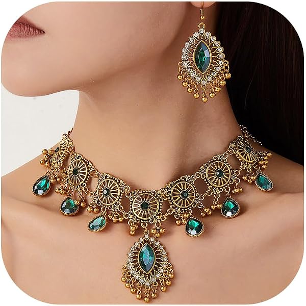 Women's Rhinestone Crystal Rib Statement Necklace & Earring Set - Fashion Choker Collar Jewelry Set