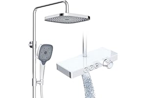 Rainsworth System prysznicowy z termostatem i szklaną półką chromowaną – armatura prysznicowa kompletny zestaw z deszczownicą 26 x 26 cm, słuchawka prysznicowa 3 rodzaje strumienia i dolną wylewką –