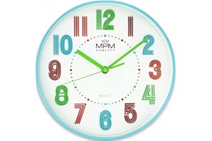 ‎MPM QUALITY MPM Quality Bunte Kinder Wanduhr aus Kunststoff mit großen 3D-Ziffern, Weiß/Blau, ∅ 255 x 45 mm, geeignet für Kinderzimmer, Quarz-Uhrwerk Sweep, für ungestörtes Spielen, für Jungen und Mädchen