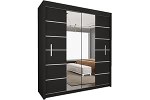 STYLE HEAVEN UK LTD Style Heaven Modern Sliding Door Wardrobe for Bedroom,Matt Finish,2 Mirrored Sliding Doors wardrobes 6 Adjustable Shelves & 2Hanging Rail,made of MDF Chipboard, aluminium Handles Lisbon(150cm Black)
