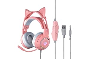 Yunseity Cuffie da Gioco, Cuffie con Orecchie di Gatto Rimovibili USB + 3,5 Mm con Microfono con Cancellazione del Rumore, Cuffie da Gioco per, One, PC, Telefono Cellulare(Rosa)