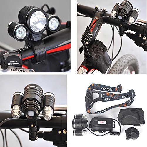 Boruit Sehr Heller Wiederaufladbare , Abnehmbare, Verstellbare & Wasserdichte , 3 Modi 3* T6 LED Kopflampe für Fahrrad Lampe,Camping,Jogging,Wandern,Radfahren,Jagen&Fischen;Paket einschließen 2*18650 Wiederaufladbare Batterien+EU Ladegerät+Auto-Ladegerät - 5