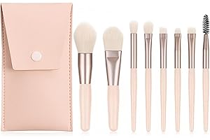 WitBicg Pinceaux Maquillages Yeux, Set de 8 Pièces Professionnel Incluant Pinceaux Fond de Teint, Nettoyant, Blush et Pinceau Fond de Teint Fluide (Rose Clair + Étui en Cuir)