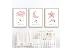Nordic Ideas 3 Affiche Bebe Fille Rose Nuage Lune Etoile Islamique Citation Noir et Blanc 40x50CM Poster Chambre Enfant Tableaux Cadeau sans Cadre NPTCG001-L