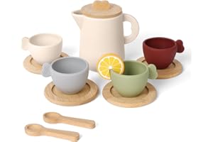 HOTUT Teeservice Kinder aus Holz Silikon,13 Stück Kindergeschirr Teeservice Set, Silikon Spielküche Zubehör,Kinderküche Holzspielzeug,Teeparty Spielküche Rollenspiele Geschenk für Mädchen und Jungen