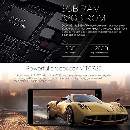 CUBOT H3 4G LTE Smartphone 5.0 pollici IPS HD Schermo HD 3 GB di RAM 32 GB ROM MTK6737 1.3 GHz Quad Core 16 + 0,3 MP 8MP Telecamere doppie OTG 6000 mAh Batteria Fingerprint (Nero)