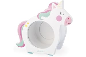 Janod - Hucha Unicornio Infantil - Apertura Lateral Transparente y Trasera Magnética - Ideal para Regalar o Decorar la Habitación - Madera FSC - A partir de 3 Años - J04655
