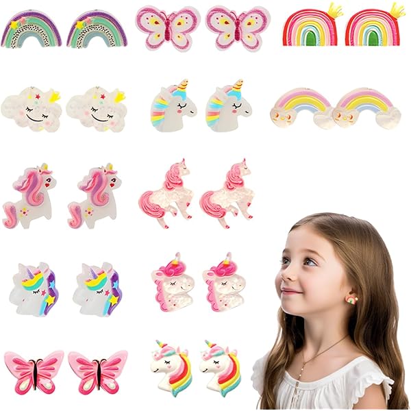 6 Pair Cute Clip On Earrings For Girls, Resin Children Non