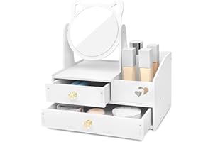 LEcylankEr Organizzatore per Il Trucco con Specchio a 360° e Cassetto, Porta Trucchi Organizer per Cosmetici, Organizzatore Trucchi in PVC Bianco, Montaggio Richiest (Specchio rotondo)