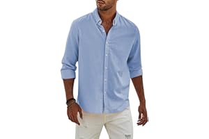 APOONABA Camisa Lino Hombre Manga Larga Color Sólido Shirts Casual Algodón Camisetas Elegante Coton Camisas con Botónes Regular Fit