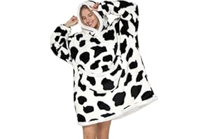 SUMMSHALL Ponadwymiarowa bluza do noszenia, koc, bluza z kapturem, miękka flanelowa pluszowa dla dorosłych, kobiet, mężczyzn, nastolatków, przytulny, ciepły, ogromny sweter z kapturem z przednią kieszenią, mleczna krowa