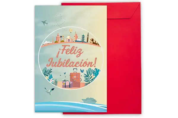 CUBIBOO ART Tarjeta felicitacion jubilacion Grande A4 - (42×30 cm abierta (A3) – Regalo profesora o compañera/compañero – Diseño Pastel Suave y Sobre Rojo Reutilizable (JUBILACION)
