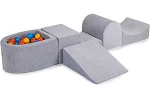 MEOWBABY Parco Giochi in Schiuma con Piscina di Palline per Bambini - Blocchi Morbidi per Bambini 200x45cm/100 Palline, Velluto, Grigio Chiaro: Arancione/Giallo/Blu