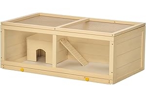 PawHut Wooden Hamster Cage, Small Animal Cage with Sliding Tray, Openable Top, Hut, Exercise Play House for Syrian Hamsters, Natural Wood Finish