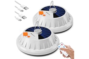 WholeFire 2 piezas Lámpara LED solar para camping, carga USB, con mando a distancia, 5 modos, colgante, IPX7, impermeable, banco de energía, para camping, senderismo, huracán