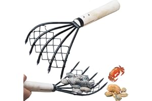 FIACVRS Râteau à palourdes,Râteau à griffes en fer à 5 griffes avec filet en maille, outil portable pour creuser les coquillages,avec manche en bois,râteau à griffes pour creuser des palourdes pour de plage