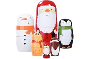 MAGICLULU 6pcs Christmas Russian Nesting Dolls Santa Claus Penguin Elk Snowman Matryoshka Dolls Wooden Handmade Stacking Set for Kids Christmas Birthday Wishing Gift