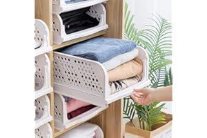 KARBAG Set of 3 Stackable Foldable Wardrobe Storage Box Organizer, Pull Out Wardrobe Storage Box, Plastic Storage Basket Closet Organiser Shelves Basket for Wardrobe Bedroom Laundry-High