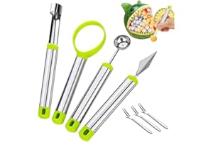 BITEFU 4 Stück Obst Werkzeug Küchenhelfer Set Multifunktion lebensmittelechter Edelstahl Apfelentkerner,Melonenausstecher Kugeln,Schnitzmesser, mit Obstmesser und Obstgabeln für DIY-Obstsalate