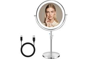 MEKOTRIN 8.7 Inch Magnifying Makeup Mirror with Lights, 1X/10X Vanity Mirror, Double Sided 360° Rotation Rechargeable Dressing Table Mirror with Height-adjustable Stand for Bathroom Bedroom(Silver)