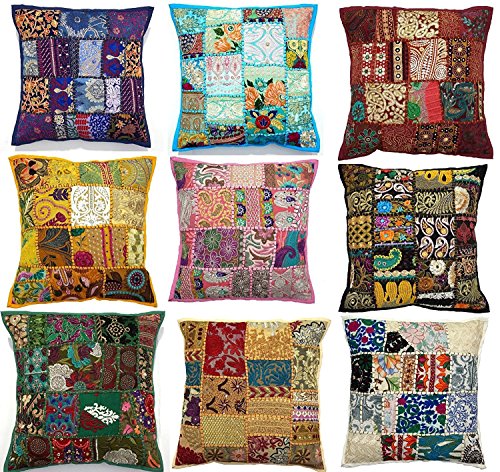 10pc Embroidered Sari Patchwork Cushion Cover , 17x17" Indian Ethnic Pillow Covers , Handmade Patchw