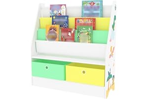 [en.casa] Scaffale per Cameretta con Contenitori a Scaletta per Libri e Scatole Pieghevoli Porta Giochi - Mobile a Misura di Bimbi in Design Dinosauro - Verde/Giallo/Bianco