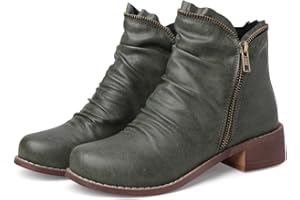 CRETUAO Damskie botki na grubym obcasie, wygodne, okrągłe noski, botki na zamek błyskawiczny z boku, zimowe botki, skórzane buty w stylu vintage, eleganckie buty