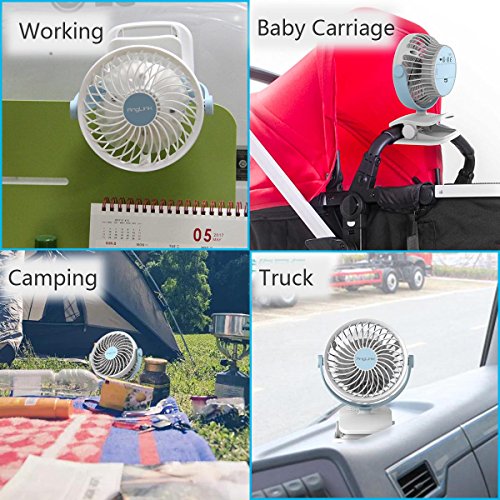 AngLink mini USB Clip Ventilator mit Batteriebetrieben mini Tischventilator Fan | 4 Geschwindigkeitsmodi, Beliebige Rotation | PC, MAC, Notebook optimal für den Schreibtisch, Kinderwagen, Rollstuhl, Schlafzimmer, Camping (Blau/Weiß) - 7