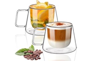 TKNO 2 Pack Double Walled Coffee Glasses Mugs Cappuccino Latte Macchiato Glasses Cups with Handle, Borosilicate Heat Resistant Glass Cups for Coffee Tea Milk Juice, Ideal for Hot & Cold Drinks, 300ml