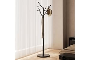 AQIMUELE Attaccapanni, Appendiabiti da Terra in Legno, 12 Ganci, 3 Altezze, per Cappotti, Cappelli e Borse, per Ingresso, Ganci e Palo in Legno di Gomma, Design ad Albero, Nero